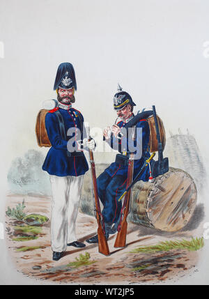 Königlich-preußischen Armee, Guards Corps Preußens Heer, preussische Garde, Garde Pionier Bataillons, Unteroffizier, gemeiner Soldat, Digital verbesserte Reproduktion einer Abbildung aus dem 19. Jahrhundert Stockfoto