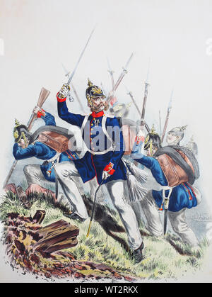 Königlich-preußischen Armee, Guards Corps Preußens Heer, preussische Garde, Colbergsches Grenadier-Regiment, 2. Pommersches Regiment Nr. 9, Offizier, digitale Reproduktion einer Abbildung aus dem 19. Jahrhundert verbessert Stockfoto