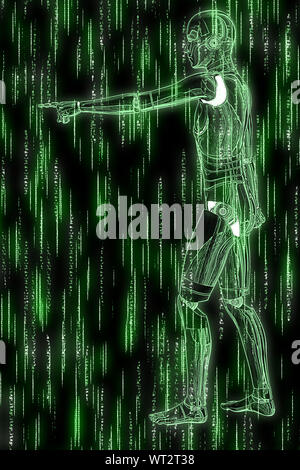 Abstrakte matrix grüner Hintergrund mit humanoiden und Code streaming. Stockfoto
