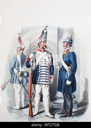 Königlich-preußischen Armee, Guards Corps Preußens Heer, preussische Schloß-Garde-Kompanie, Unteroffizier in Galauniform und Feldwebel im Dienst, Digital verbesserte Reproduktion einer Abbildung aus dem 19. Jahrhundert Stockfoto