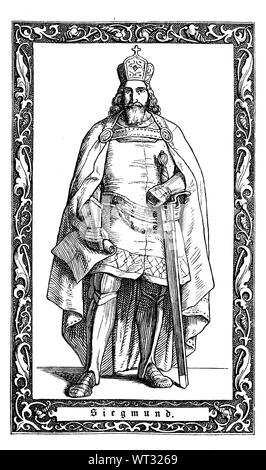 Sigismund von Luxemburg, König von Deutschland von 1411, Kaiser des Heiligen Römischen Reiches von 1433 bis 1437. Sigismund von Luxemburg, 1368-1437, auch Siegmund, Haus der Luxemburge, römisch-deutscher König seit 1411, römisch-deutscher Kaiser von 1433 bis zu seinem Tode., Digital verbesserte Reproduktion einer Abbildung aus dem 19. Jahrhundert Stockfoto