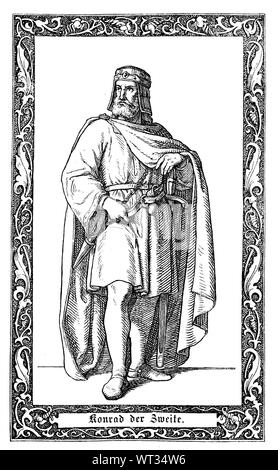 Conrad II., auch als Konrad der Ältere und Conrad der Salischen, war Kaiser des Heiligen Römischen Reiches von 1027 bis zu seinem Tod in 1039. Konrad II., Konrad der Ältere, 990-1039, römisch-deutscher Kaiser von 1027 bis 1039, Digital verbesserte Reproduktion einer Abbildung aus dem 19. Jahrhundert Stockfoto