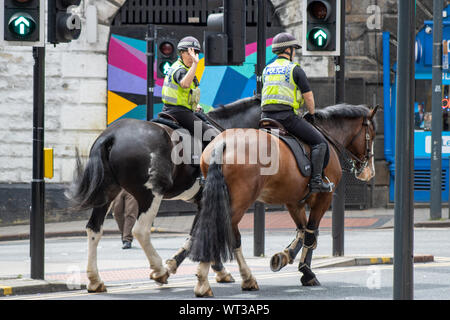 Leeds, UK, 18. Juli 2019: Polizisten, eine Polizei Pferd im Stadtzentrum von Leeds West Yorkshire. Stockfoto