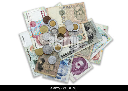 Die italienische Lira, die alten Banknoten und Münzen durch Euro ersetzt Stockfoto