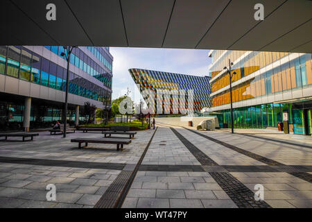 Aula Medica, Karolinska Institut in Solna, Blick vom Karolinska Hospital, Stockholm, Schweden. Stockfoto