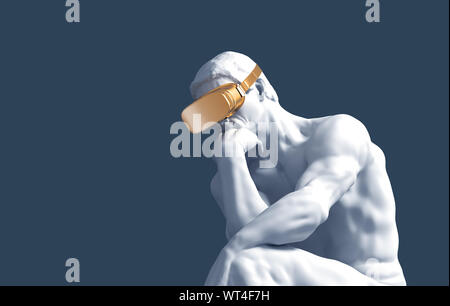 Denker mit goldenen VR-Brille über blauen Hintergrund. 3D-Darstellung. Stockfoto