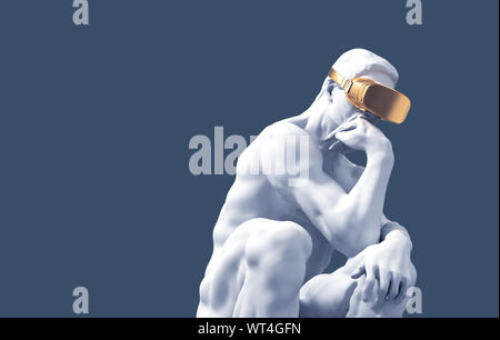 Skulptur Denker mit goldenen VR-Brille über blauen Hintergrund. 3D-Darstellung. Stockfoto