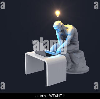 Skulptur Denker mit Laptop und leuchtende Glühbirne über dem Kopf als Symbol der neuen Idee. 3D-Darstellung. Stockfoto