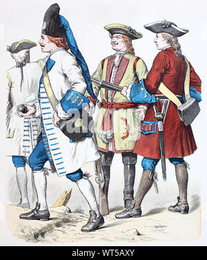 Nationale Kostüm, Kleidung, Geschichte der Kostüme, Offizier der Grenadiere, Grenadier, Dragoon, Infanterie, Erzbischöfliche Konstanzer Militär, militärische Uniform aus Deutschland, im Jahre 1738, Volkstracht, Kleidung, der Kostüme, Offizier der Grenadiere, Grenadier, Dragoner, Infanterie, Erzbischöfliches Konstanzer Militär, Militäruniform aus Deutschland, 1738 Stockfoto