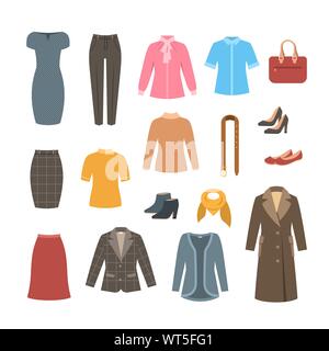 Business woman basic Kleidung und Schuhe. Vektor flachbild Abbildung. Amt formal dress code Outfit. Cartoon Symbole Stock Vektor