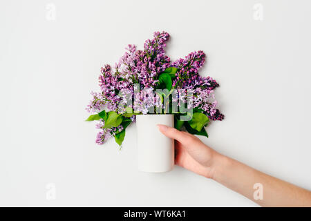 Weibliche Hand, die Strauß flieder blumen in modernen Glas Vase auf grauem Hintergrund. Flach Zusammensetzung im minimalistischen Stil, Ansicht von oben, Overhead. S Stockfoto