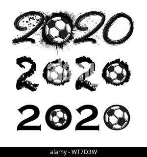 Set aus drei verschiedenen Schwarz grunge 2020 Nummern mit Fußball Bälle Stock Vektor