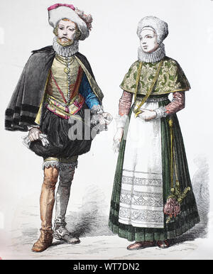 Nationale Kostüm, Kleidung, Geschichte der Kostüme, Edelmann mit Frau aus Dänemark, 1600-1630, Volkstracht, Kleidung, der Kostüme, Edelmann mit Frau aus England, 1600-1630 Stockfoto