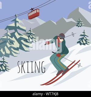 Sport Mann reiten Winter Ski auf Schnee Steigung auf Hintergrund Ski Resort in den Bergen und Skilift. Vektor flachbild Abbildung. Freehand Design für Karten Stock Vektor