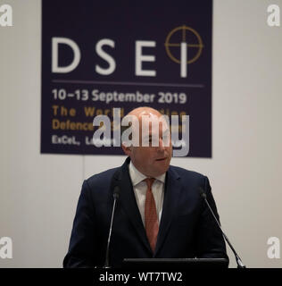 ExCel, London, UK. 11. September 2019. Defence and Security Equipment International (DSEI) Event Tag 2 mit Keynote Sprecher Ben Wallace, Staatssekretär für Verteidigung Adressierung britische Sicherheit und Beschaffung von Verteidigungsgütern. Credit: Malcolm Park/Alamy Leben Nachrichten. Stockfoto