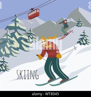 Sport Menschen Reiten Winter Ski auf Schnee Steigung auf Hintergrund Ski Resort in den Bergen und Skilift. Vektor flachbild Abbildung. Hand-zeichnen für Design Stock Vektor