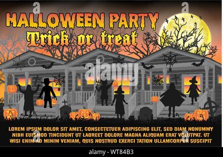 Halloween Party Poster mit Kids im Halloween Kostüm Stock Vektor