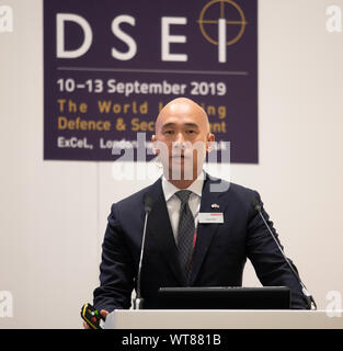 ExCel, London, UK. 11. September 2019. Defence and Security Equipment International (DSEI) Event Tag 2 mit Lautsprecher David Park, Regional Director International Business Development, BAE Systems ES. Credit: Malcolm Park/Alamy Leben Nachrichten. Stockfoto