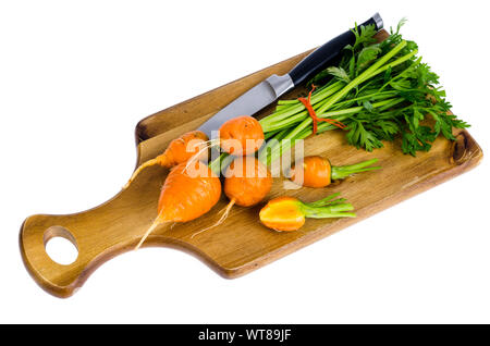 Paar kleine, runde Möhren (Pariser Erbstück Karotten) auf Holz- Hintergrund. Studio Foto Stockfoto