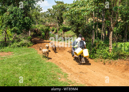 Kangaita Dorf, Meru, Kenia - 15. Juni 2019: Candid ländliche Szene von Motorrädern mit Mann und der Junge entlang reiten Schlamm Straße in Kangaita Dorf. Stockfoto