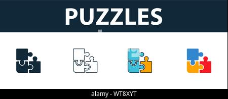 Rätsel Icon Set. Vier Elemente in verschiedenen Stilrichtungen von seo icons Collection. Kreative Rätsel Icons, Outline, Farben und Symbole Stock Vektor