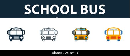 School Bus Icon Set. Vier Elemente in verschiedenen Stilrichtungen von der Schule icons Collection. Kreative Schule bus Icons, Outline, farbige und flach Stock Vektor