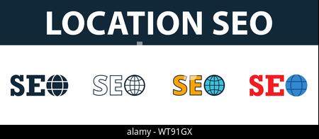 Lage Seo Icon Set. Vier Elemente in verschiedenen Stilrichtungen von seo icons Collection. Kreative Lage seo Icons, Outline, farbige und flach Stock Vektor