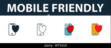 Mobile Optimierung Icon Set. Vier Elemente in verschiedenen Stilrichtungen von seo icons Collection. Kreative mobile Optimierung gefüllt Symbole, Outline, farbig Stock Vektor