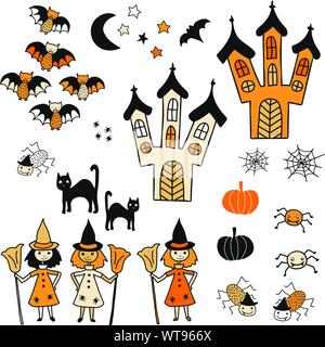 Halloween vektor Icon Set. Süße Hand gezeichnet isoliert Halloween Objekte. Kids Halloween Dekoration in schwarz und orange. Hexe, Spooky Castle, Fledermäuse Stock Vektor