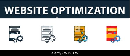 Website Optimierung Icon Set. Vier Elemente in verschiedenen Stilrichtungen von seo icons Collection. Kreative website Optimierung gefüllt Symbole, Umriss Stock Vektor