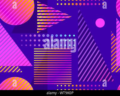 Nahtlose Muster mit geometrischen Formen und Streifen. Bunte Flüssigkeit Gradienten. Memphis Stil der 80er Jahre. Vector Illustration Stock Vektor