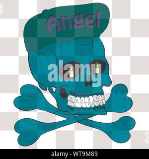 Schädel und Knochen mit Kappe. cartoon Vector Illustration. Schädel und Knochen Illustration für T-Shirt drucken. Stock Vektor