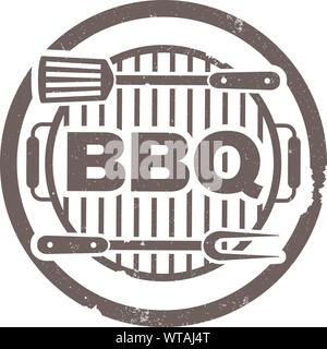 Runde grungy Grill BBQ Stempel drucken mit Grill und Utensilien Vector Illustration Stock Vektor