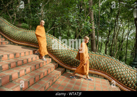 Mönche, die in den Naga Treppe im Wat Phra That Doi Suthep Stockfoto