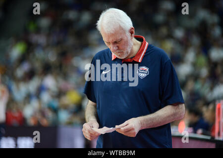 Gregg Popovich, USA Team Head Coach, nachdem durch Frankreich beseitigt wird. FIBA Basketball Wm China 2019, Viertelfinale Stockfoto