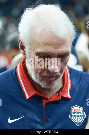 Gregg Popovich, USA Team Head Coach, nachdem durch Frankreich beseitigt wird. FIBA Basketball Wm China 2019, Viertelfinale Stockfoto