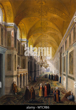 Vorhalle, oder Veranda, der Ayasofya Moschee, die früher die Kirche der Hagia Sophia; mit Gruppen von Männern in traditioneller Kleidung. Türkei (Osmanisches Reich). Stockfoto