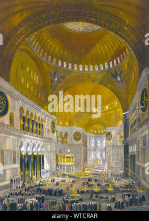 Schiff der Ayasofya Moschee, die früher die Kirche Hagia Sophia, mit Blick nach Osten; mit Gruppen von Männern in traditioneller Kleidung. Türkei (Osmanisches Reich).