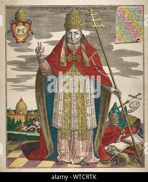 Gravur von Atlas Novus. Pontificum Romanorum Serie Chronologica. 1728. Das Bild zeigt einen Papst, Zepter in der einen Hand, die andere Hand angehoben. Auf seinem Stockfoto