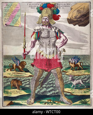 Gravur von Atlas Novus. Colossus Monarchi. 1728. Das Bild zeigt ein Koloss mit einem Schwert und Zepter. An seinem Körper und Rüstung sind die Könige aufgelistet Stockfoto