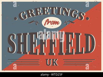 Britische Städte retro Grüße aus Sheffield Vintage unterzeichnen. Reiseziele Thema auf alten rostigen Hintergrund. Stock Vektor