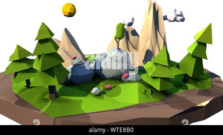 3D-Render 3D-Abbildung eines Low Poly Landschaft Kinder und Cartoon Stil Konzept 3d Design auf weißem Hintergrund 4 k Stockfoto