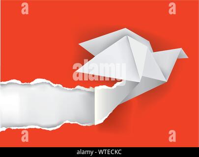 Origami Vogel ripping Papier. Abbildung: Papier taube Ripping rotes Papier Hintergrund. Für Ihren Text oder Bild. Vektor zur Verfügung. Stock Vektor