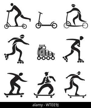Roller in Linie skateboard schwarze Symbole. Satz von Schwarz stilisierte Symbole. Vector zur Verfügung. Stock Vektor