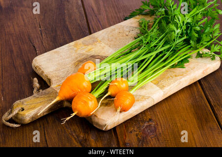 Paar kleine, runde Möhren (Pariser Erbstück Karotten) auf Holz- Hintergrund. Studio Foto Stockfoto