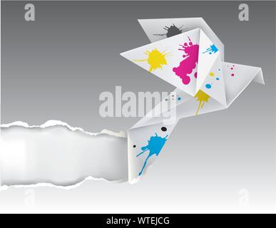 Origami Taube mit Spritzern von Tinte. Abbildung: origami Vogel ripping Papier Hintergrund. Vektor zur Verfügung. Stock Vektor