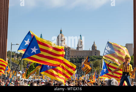 Städtischer Abgeordneter Protest gegen La Iada, katalanischen Nationalfeiertag. Bild vom Plaza España mit dem MNAC Museum hinter sich. Barcelona, 2019. Stockfoto