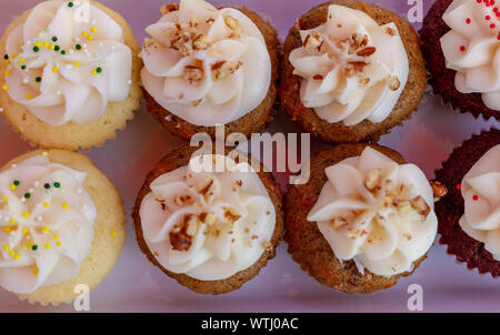 Cupcakes auf einem Lavendel Keramik Fach von oben gesehen. Mehrfarbige Cupcakes mit rotem Samt, Vanille, Schokolade, Zitrone und Erdbeere Aromen. Stockfoto