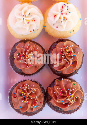 Cupcakes auf einem Glas Fach auf einem grün kariert Tischdecke, wie von der Seite gesehen. Mehrfarbige Cupcakes mit rotem Samt, Vanille, Schokolade Aromen. Stockfoto