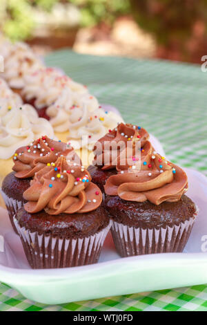 Cupcakes auf einem Glas Fach auf einem grün kariert Tischdecke, wie von der Seite gesehen. Mehrfarbige Cupcakes mit rotem Samt, Vanille, Schokolade Aromen. Stockfoto